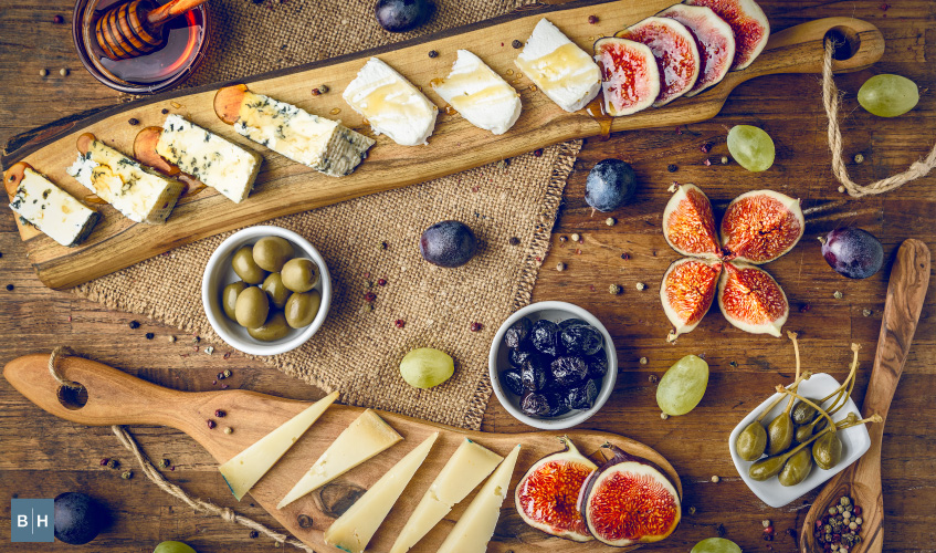 Italian cheese figs, olives and grapes